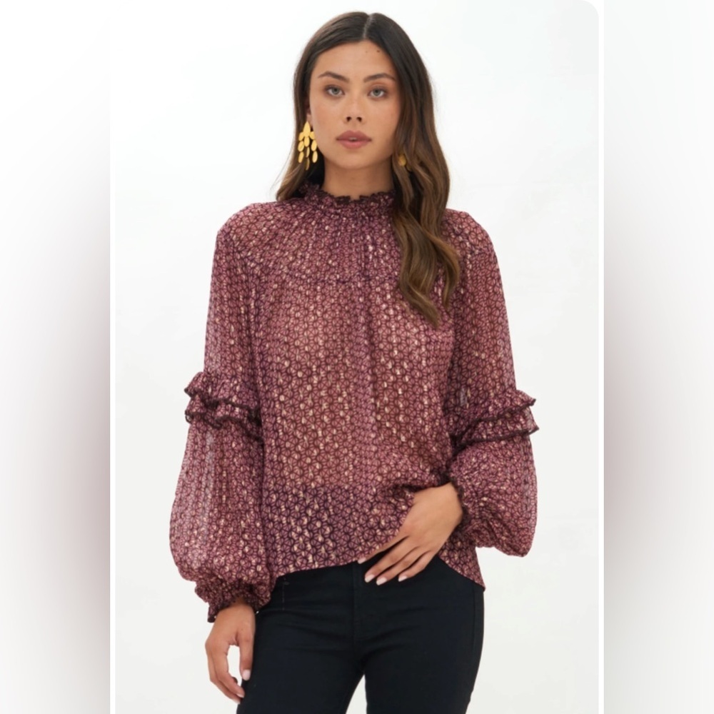 Oliphant Ruffle Sleeve Blouse Morocco Petal Pink Gold Size XXS